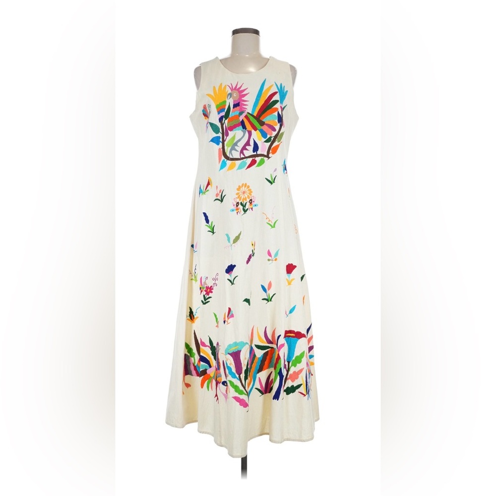 Nativa Handmade Mexican Embroidered Maxi Dress Bird Floral Boho Ivory